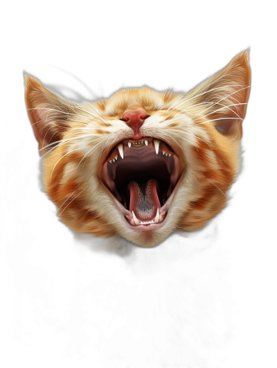 realistic digital illustration of an orange cat with its mouth open and showing sharp teeth, pure black background,