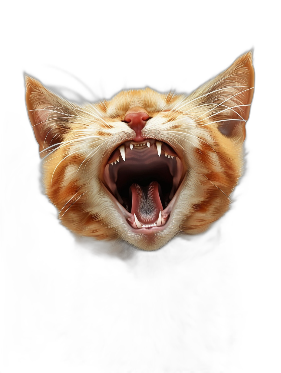 realistic digital illustration of an orange cat with its mouth open and showing sharp teeth, pure black background,