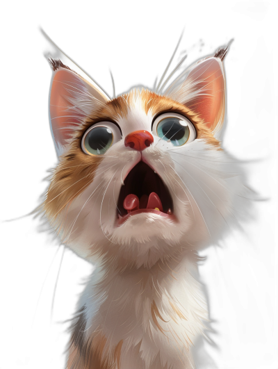 A surprised cat, a very cute little kitten with big eyes and open mouth, in the cartoon style of [Tiago Hoisel](https://goo.gl/search?artist%20Tiago%20Hoisel), caricature-like, playful character design, photorealistic details, dark background, whimsical character design.