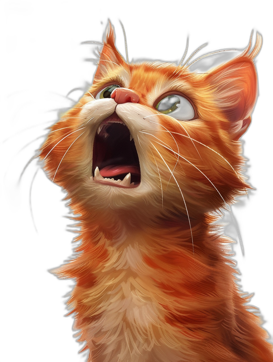 ginger cat howling, cartoon style, digital art in the style of Pixar studio, isolated on black background, cute, happy, detailed portrait