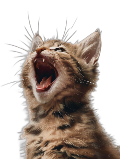 a photorealistic digital painting of an excited and happy kitten howling, solid black background, high contrast