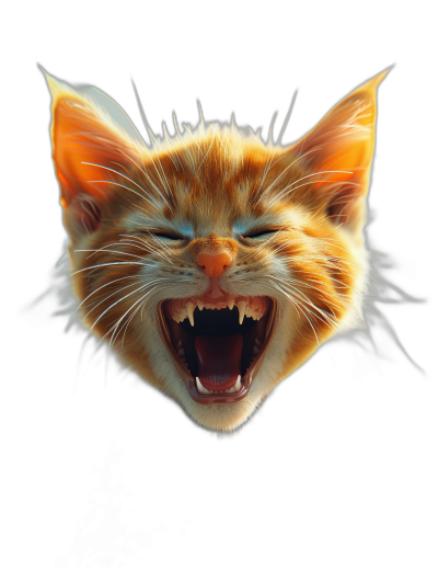 A cute cat head, laughing and roaring with its mouth open on a black background, front view, in the style of hyper-realistic illustration, bright colors, soft lighting, clear details, close-up of the face.