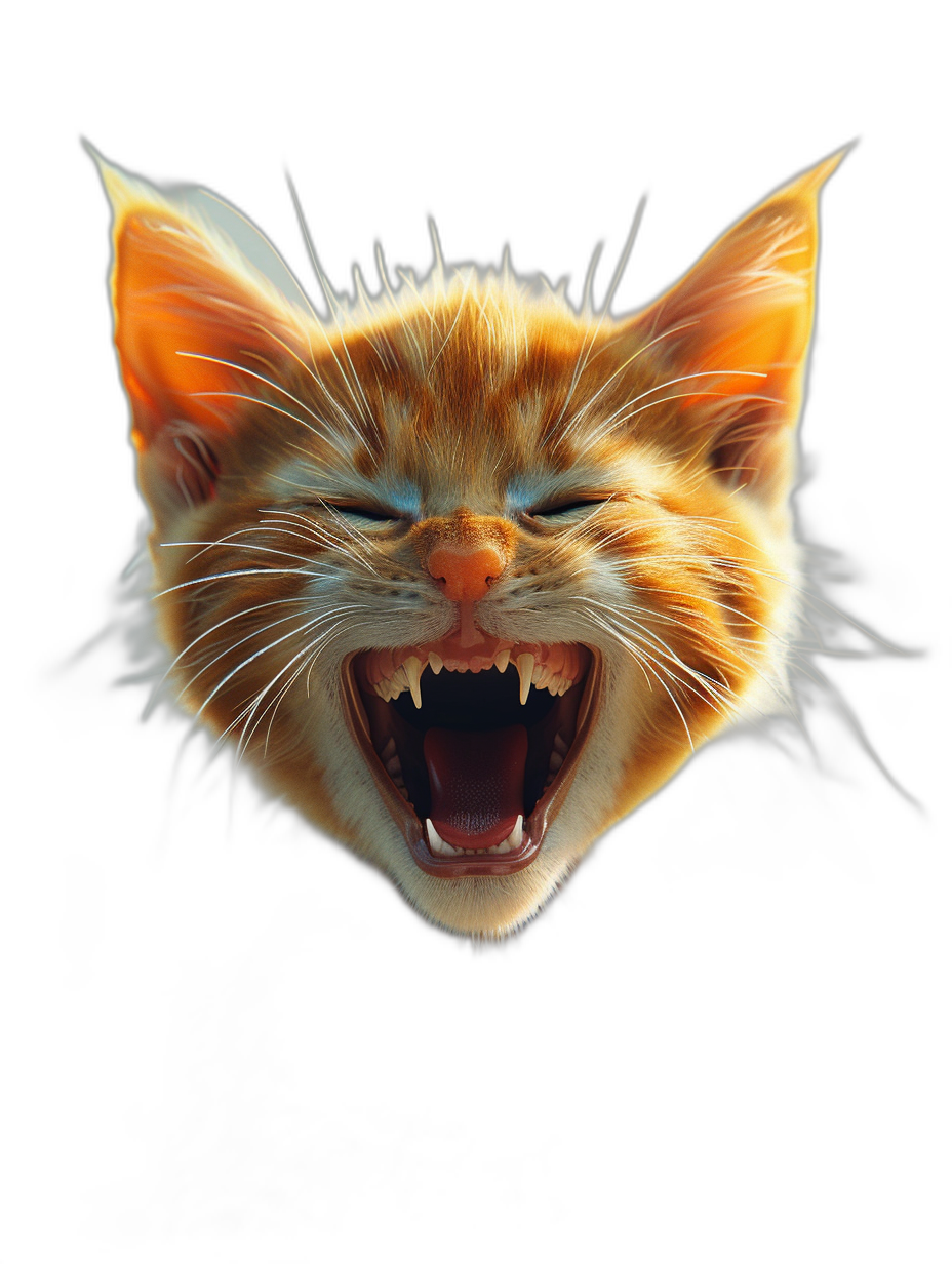 A cute cat head, laughing and roaring with its mouth open on a black background, front view, in the style of hyper-realistic illustration, bright colors, soft lighting, clear details, close-up of the face.