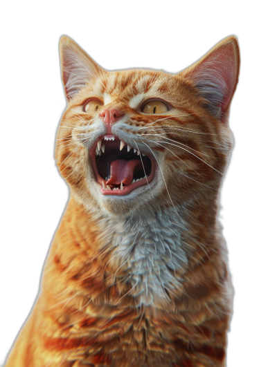 3D render of a happy ginger cat with its mouth open showing its sharp teeth, on a black background, rendered in the style of octane rendering, with a hyper realistic style.