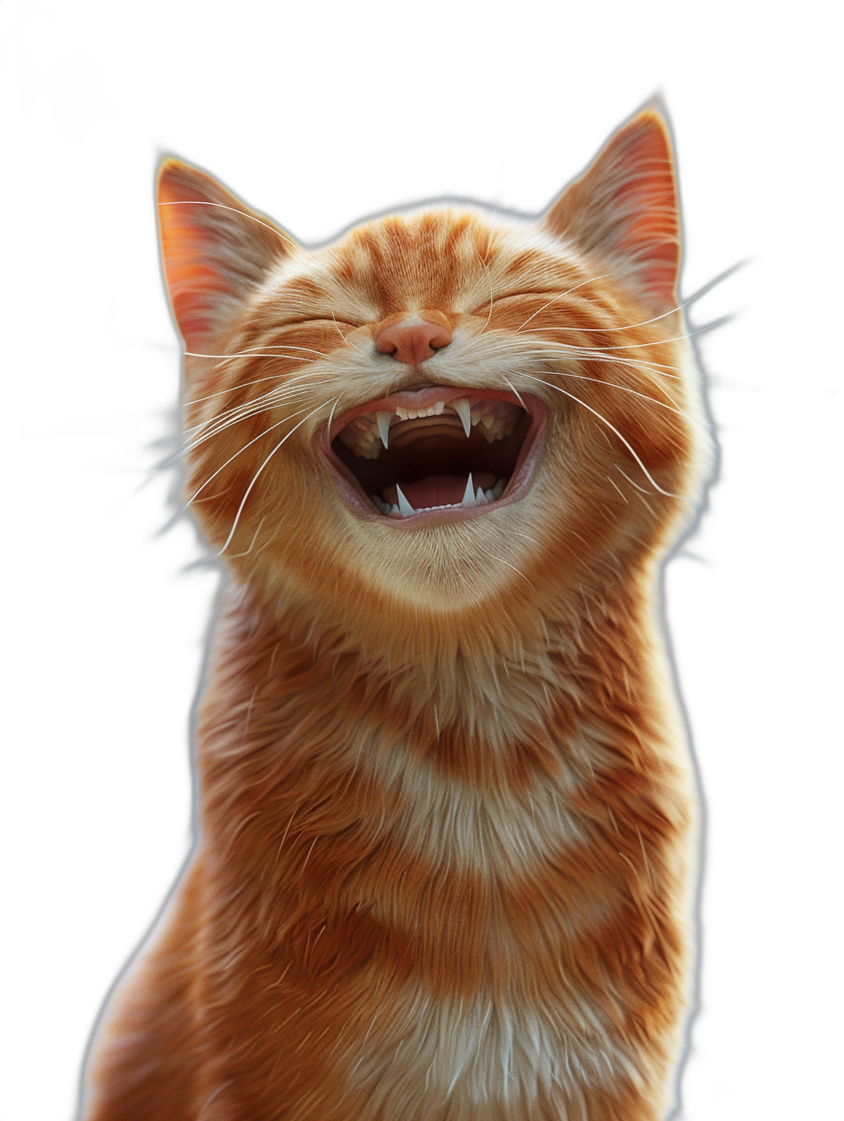 ginger cat smiling with teeth showing, isolated on a black background, photorealistic in the style of hyperrealism, octane render, full body shot, portrait photography, soft lighting, volumetric light, cinematic, studio photography, bright and warm color tones, high resolution, extreme detail, ultra realistic, high definition