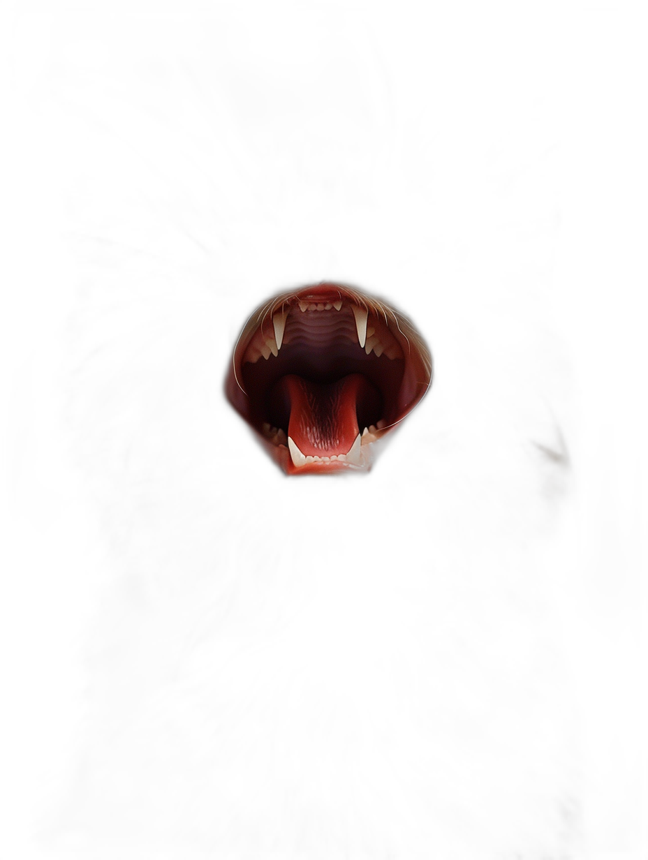 A photo of an open mouth with fangs in the dark, top view, taken from far away, high contrast, high details, in the style of hyper realistic.