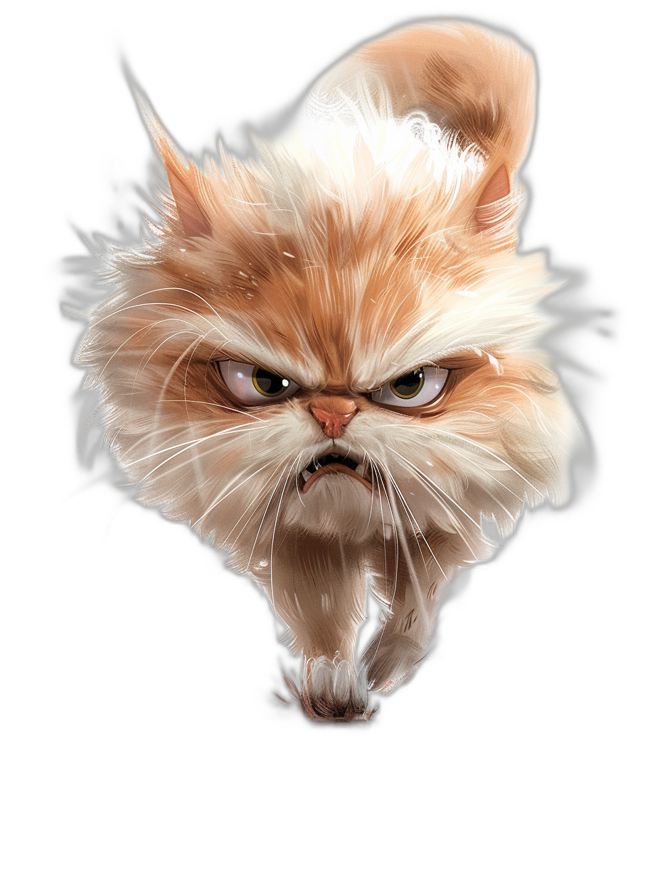 A realistic angry Persian cat in the style of digital illustrations, caricature-like illustrations on a black background, a cartoon mis-en-scene, in the style of Disney animation, gritty textures, simplified colors, vibrant portraiture, detailed character design