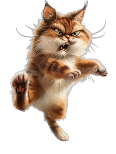 A realistic illustration of an angry cat in the air doing karate, isolated on a black background, in a full body shot.