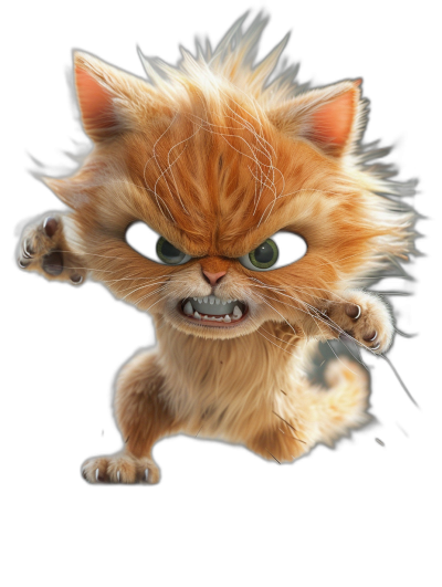 cute cartoon cat with crazy hair, jumping and fighting pose, angry face, 3D render, black background, in the style of Pixar.