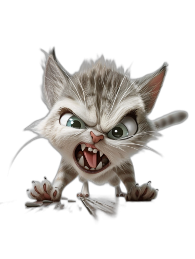 A cute and angry kitten in the style of caricature, full body shot, black background, high resolution, high quality.