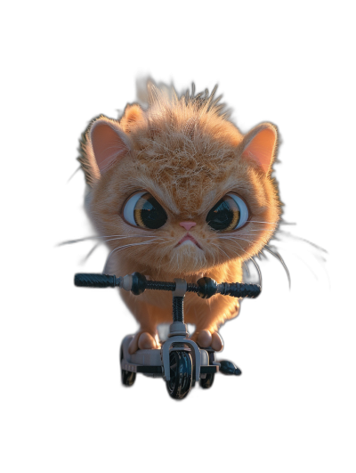 3D render of a cute kitten riding a scooter, with cute big eyes, on a black background, in the style of Pixar, with a cartoon character design, using octane rendering, with high resolution photography, featuring volumetric lighting, from a front view, with detailed fur texture, flying through the air, from a side angle shot, with studio lighting.