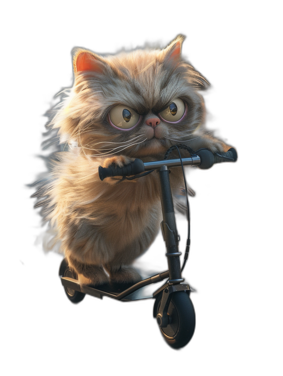 3D render of a cute Persian cat riding a scooter, with angry eyes and fluffy hair, isolated on a black background, in the style of high resolution photography