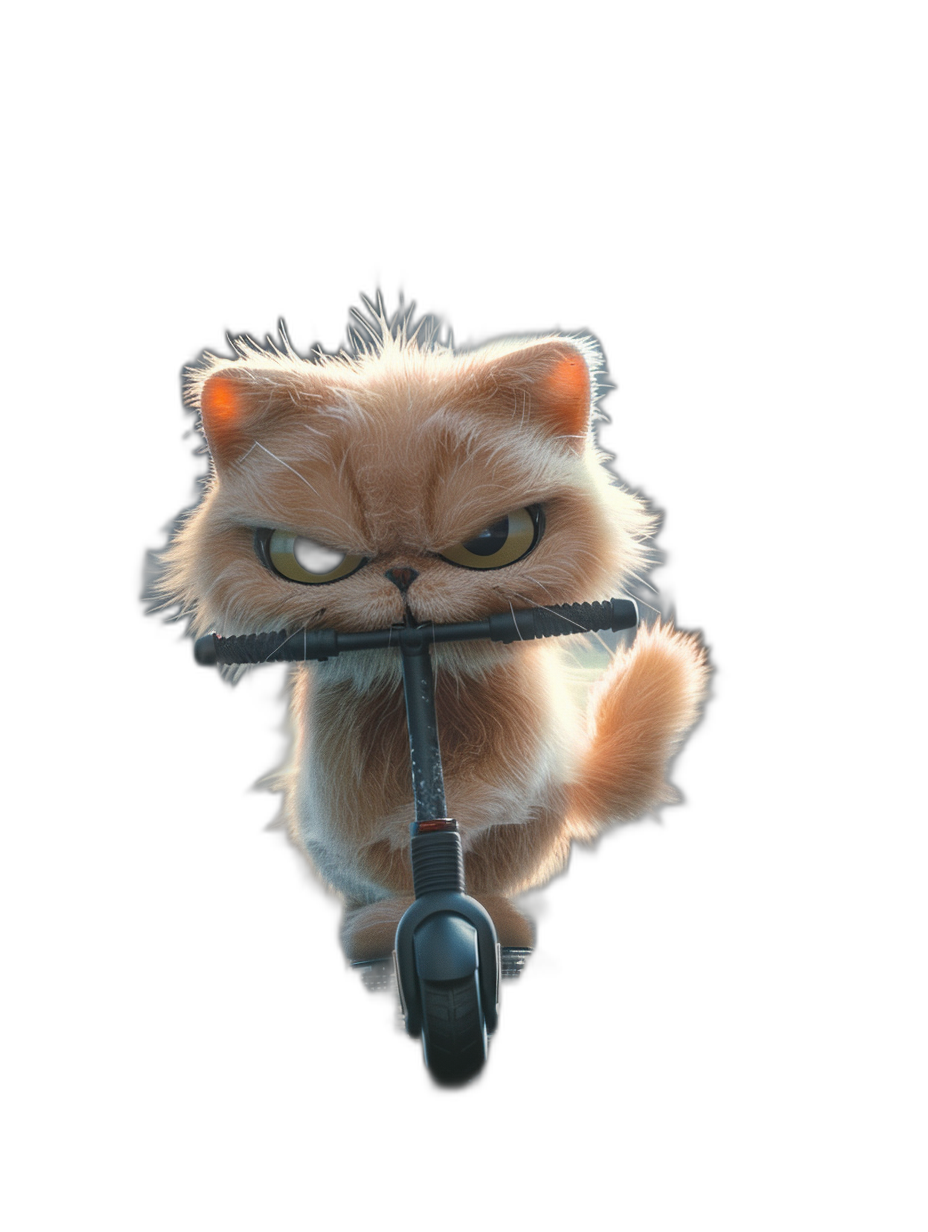 3D render of an angry cute Persian cat riding a scooter on a black background, in the style of Pixar.