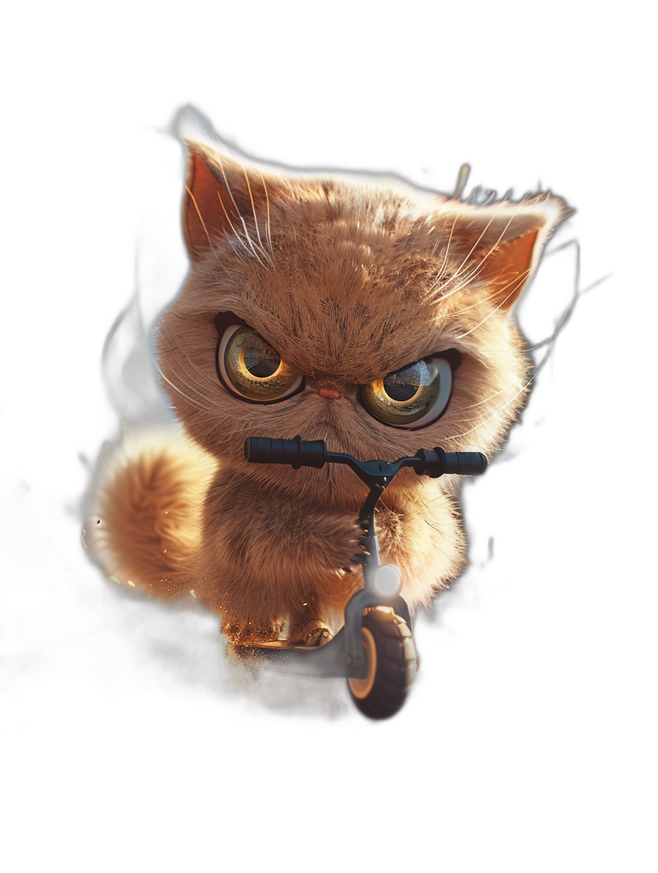 A cute cartoon style Persian cat with an angry expression, riding on a scooter, smoke coming out of its ears, on a black background, in the 3D rendering style, in the Pixar animation style, character design, character concept art.