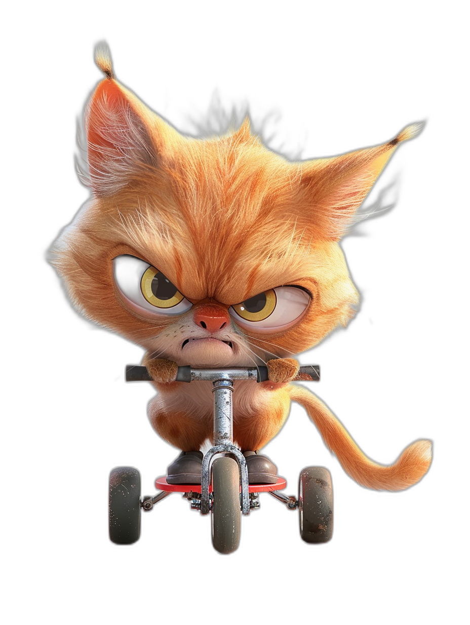 character design of an angry ginger cat riding on a tricycle, 3D render, black background, in the style of Pixar