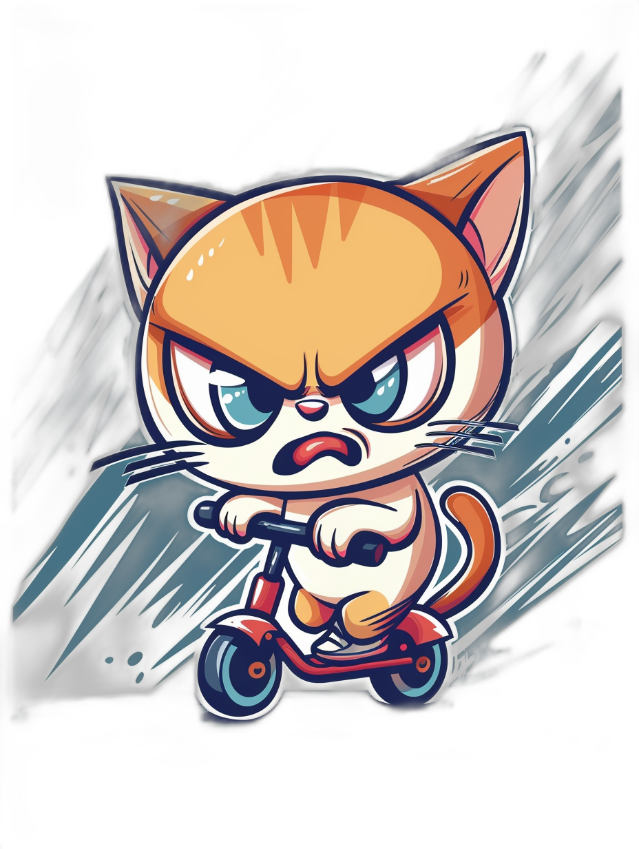 t-shirt design, angry cartoon cat riding scooter with dark background, vector art style, chibi character design, cute and adorable in the style of vector art.