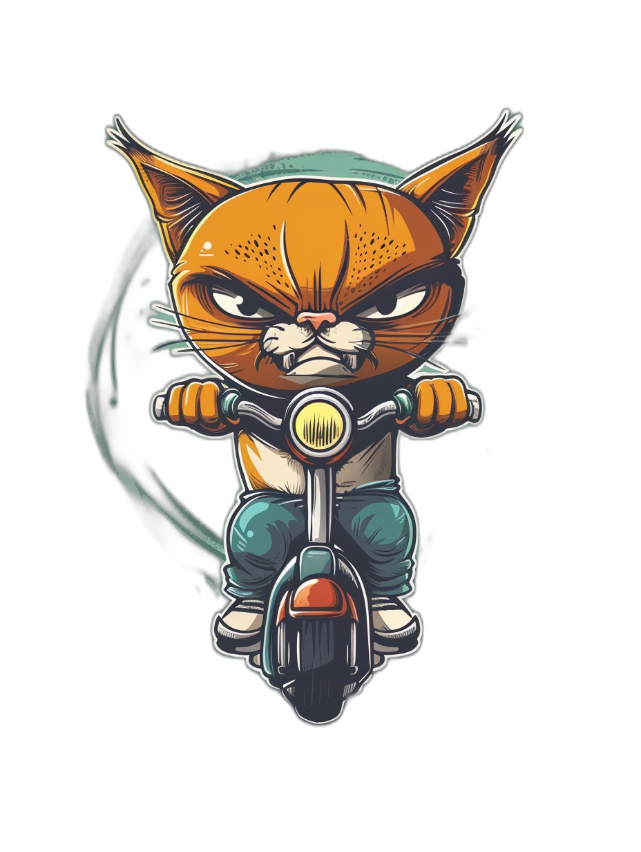 t-shirt design, vector illustration of an angry cat riding on motorcycle , isolated black background .in the style of chibi characters, [Tony DiTerlizzi](https://goo.gl/search?artist%20Tony%20DiTerlizzi), light orange and dark emerald green, high resolution, darkly comedic