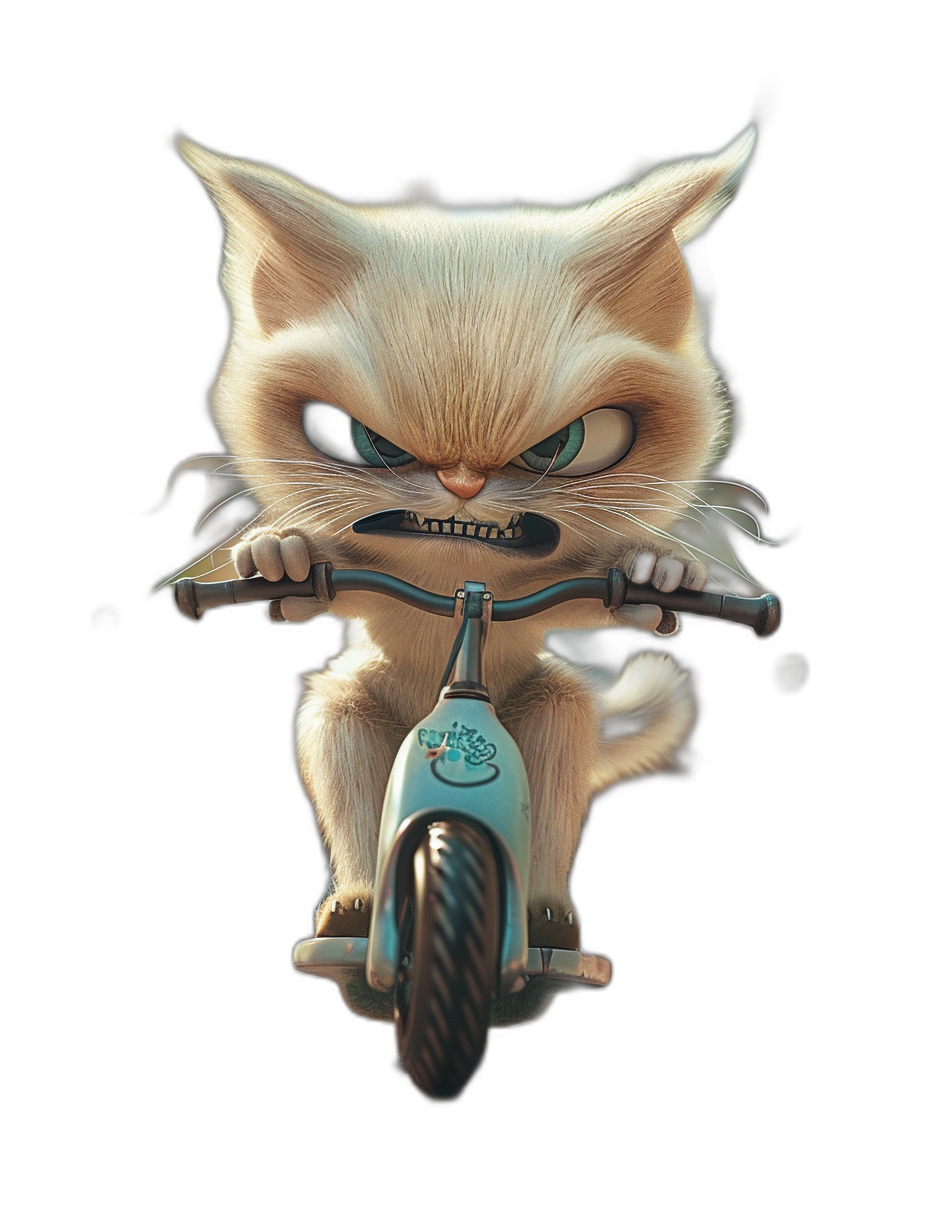 realistic cartoon illustration of an angry cat riding on the back wheel of a bike, isolated black background, digital art in the style of Pixar and Disney