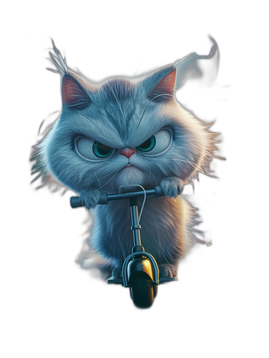 grumpy cat on scooter, in the style of Pixar, cartoon character, cute and adorable, black background, white glowing eyes, fluffy fur, blue color scheme, high resolution, high quality, high detail