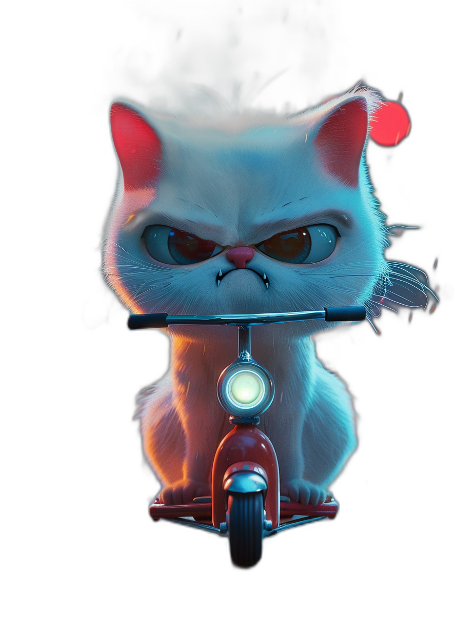 grumpy cat on scooter, cute cartoon character design, glowing eyes, cute, detailed background, black background, fantasy artwork, white fur with red and blue highlights