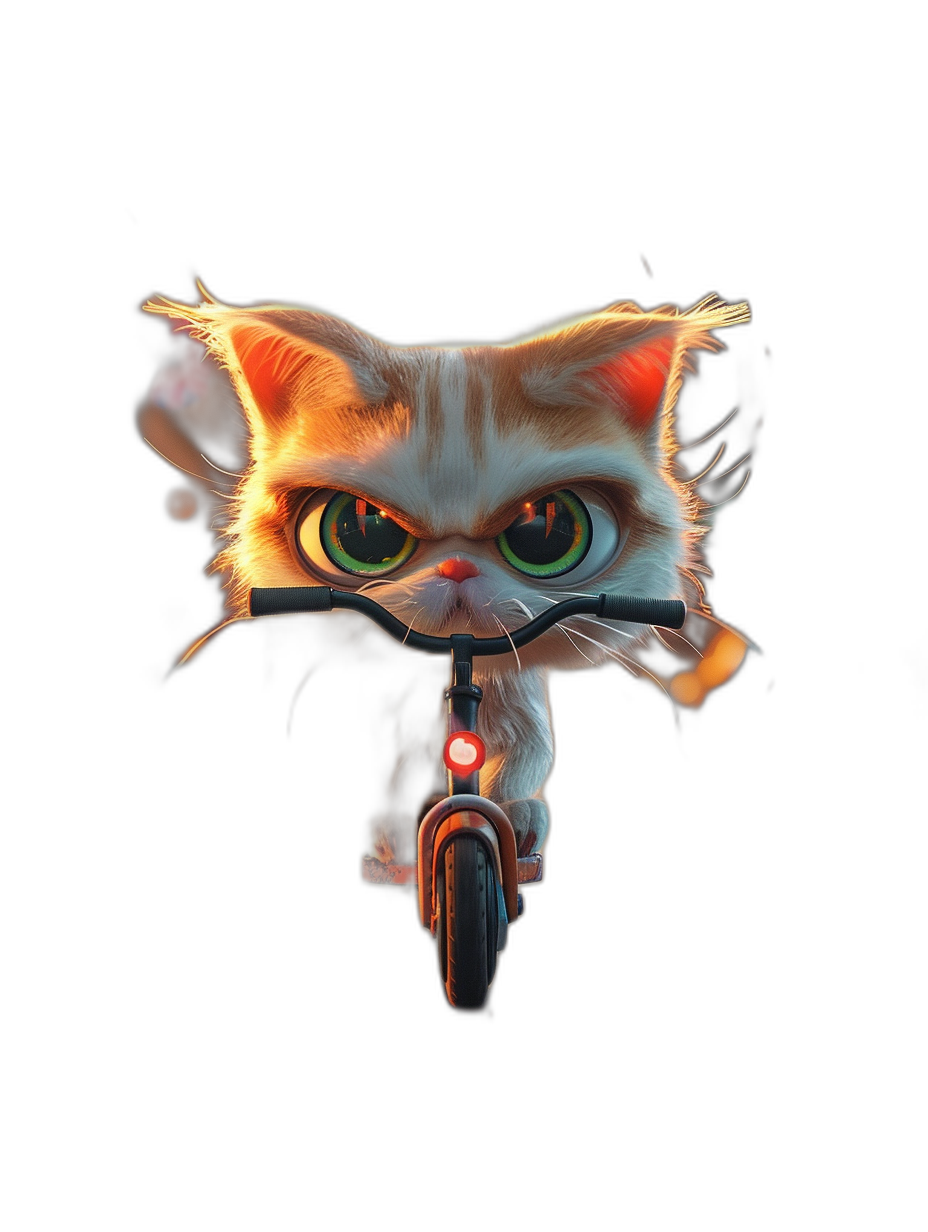 Cute cartoon cat riding electric bike, glowing eyes, in the style of Pixar, pure black background, full body shot, hyper-realistic, high definition photography