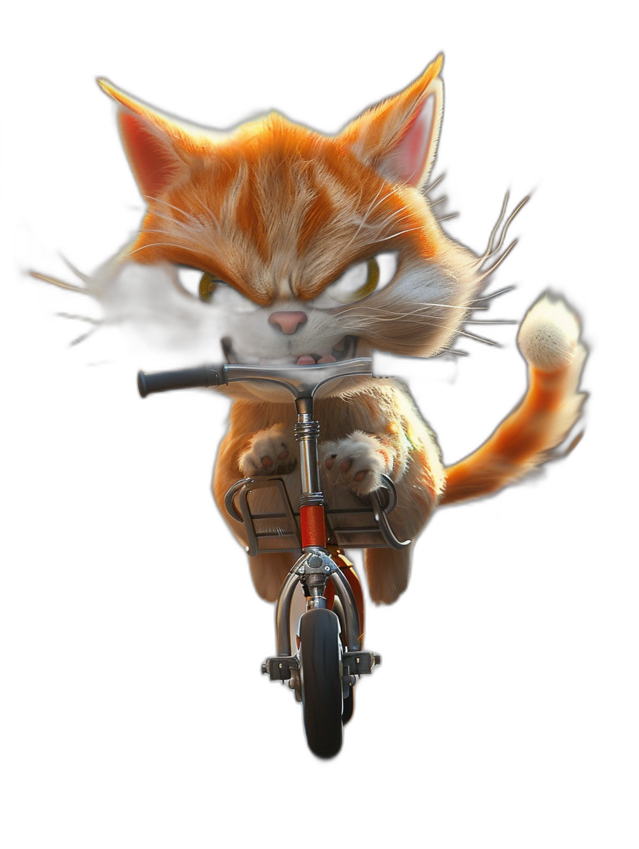 Character design of an angry orange cat riding on the front end of a bicycle in the style of a cartoon, on a black background, 3D rendered in the style of Pixar animation, with a high resolution, octane rendered style, with hyper detailed and ultra realistic cinematic look and concept art illustration.