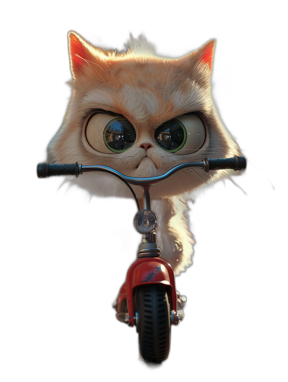 3D render of a cute Persian cat with big eyes and a grumpy expression, riding a red scooter on a black background, in the style of Pixar.