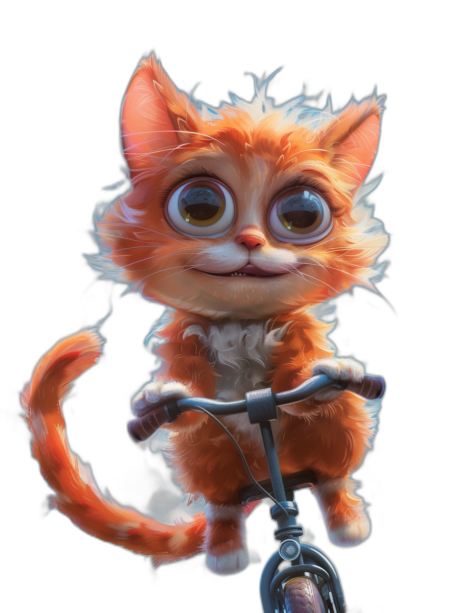 Cute orange cat riding on a bike against a black background, in the style of Disney with a cartoon character design featuring big eyes, a big head and small body proportions, warm tones, a bright and cheerful expression, fur details and a playful mood. High resolution, high quality render with fantasy art style.