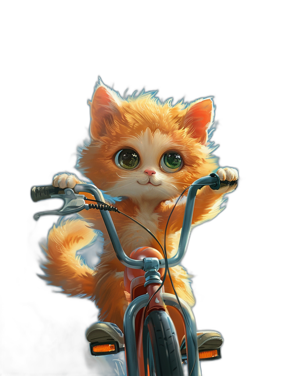 A cute orange cat with big eyes riding on a bicycle against a pure black background in a high definition, cute style reminiscent of a cartoon with colorful elements.