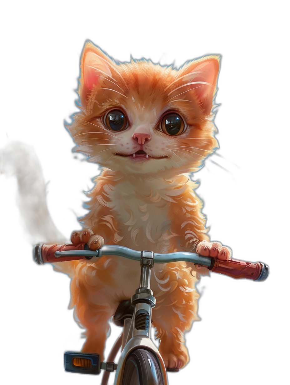 digital art of cute kitten , tiny small cat is riding on the bike, black background , big eyes , lovely and beautiful expression