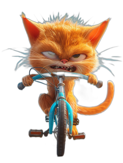 A cute orange cat riding on the front of a bicycle, with an angry expression and fangs in the style of Pixar, black background, high resolution, high detail, high quality.