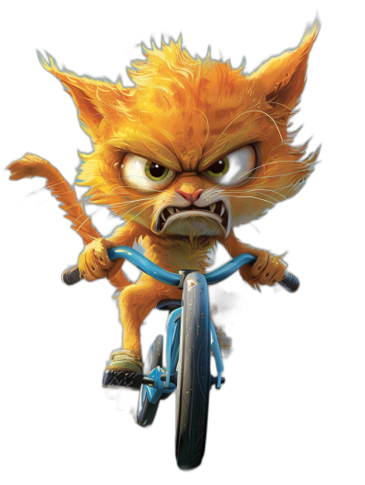 An angry orange cat sitting on a blue bike against a black background, in the style of Disney cartoon illustration. The character design is in the Pixar style, showing a full body shot of the cat. The image has high resolution and detail, with vibrant colors and cinematic lighting. It is in sharp focus with professional color grading, captured with a digital camera in a hyper realistic photographic style. The scene has an overall fantasy feel.