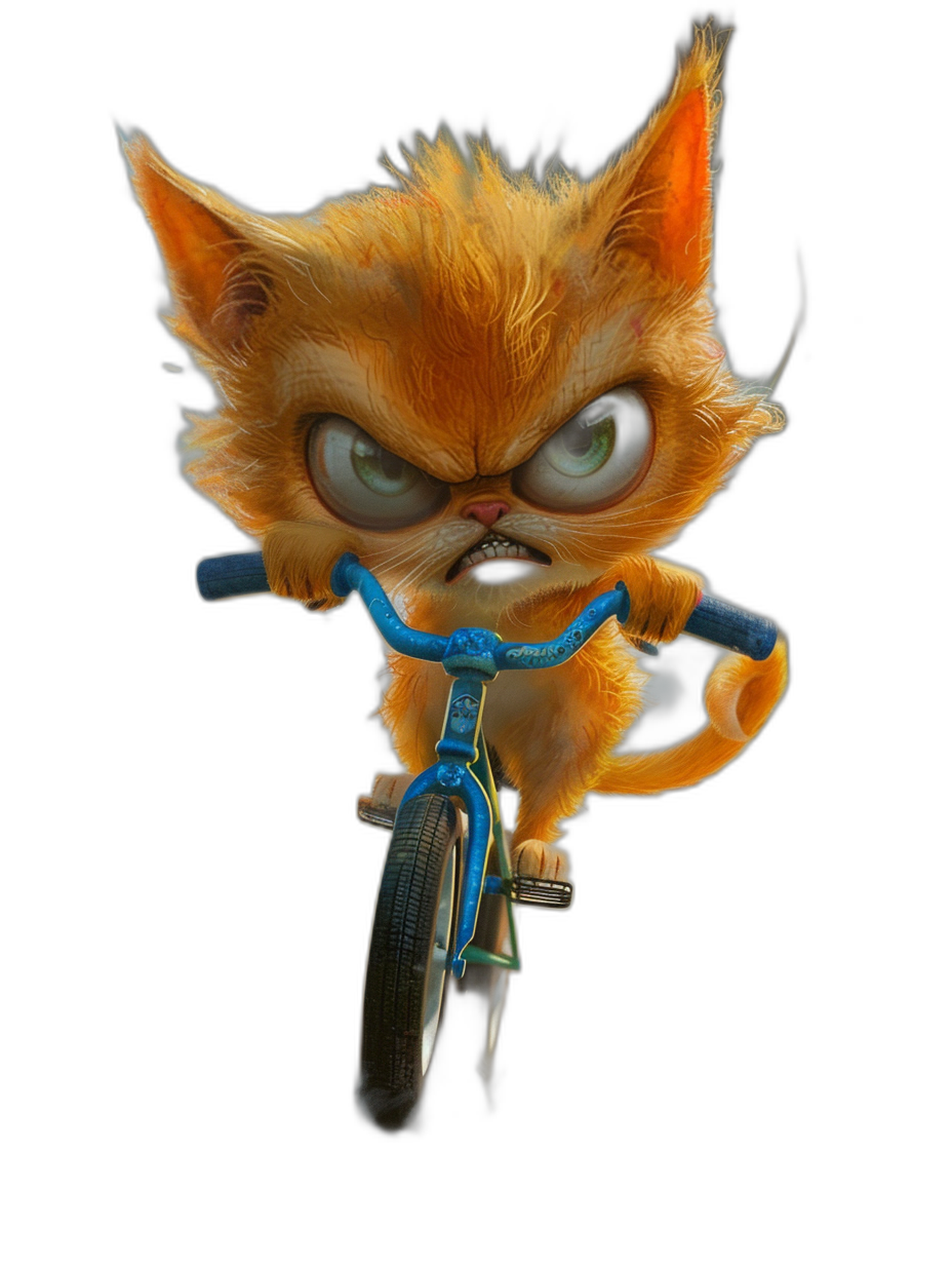 character design of an angry orange cat riding a blue bike in the style of Pixar, in a cartoon style, with a Pixar render, on a black background, a 3d octane rendering with studio light, in the style of Unreal Engine, with a detailed face and fur and big green eyes