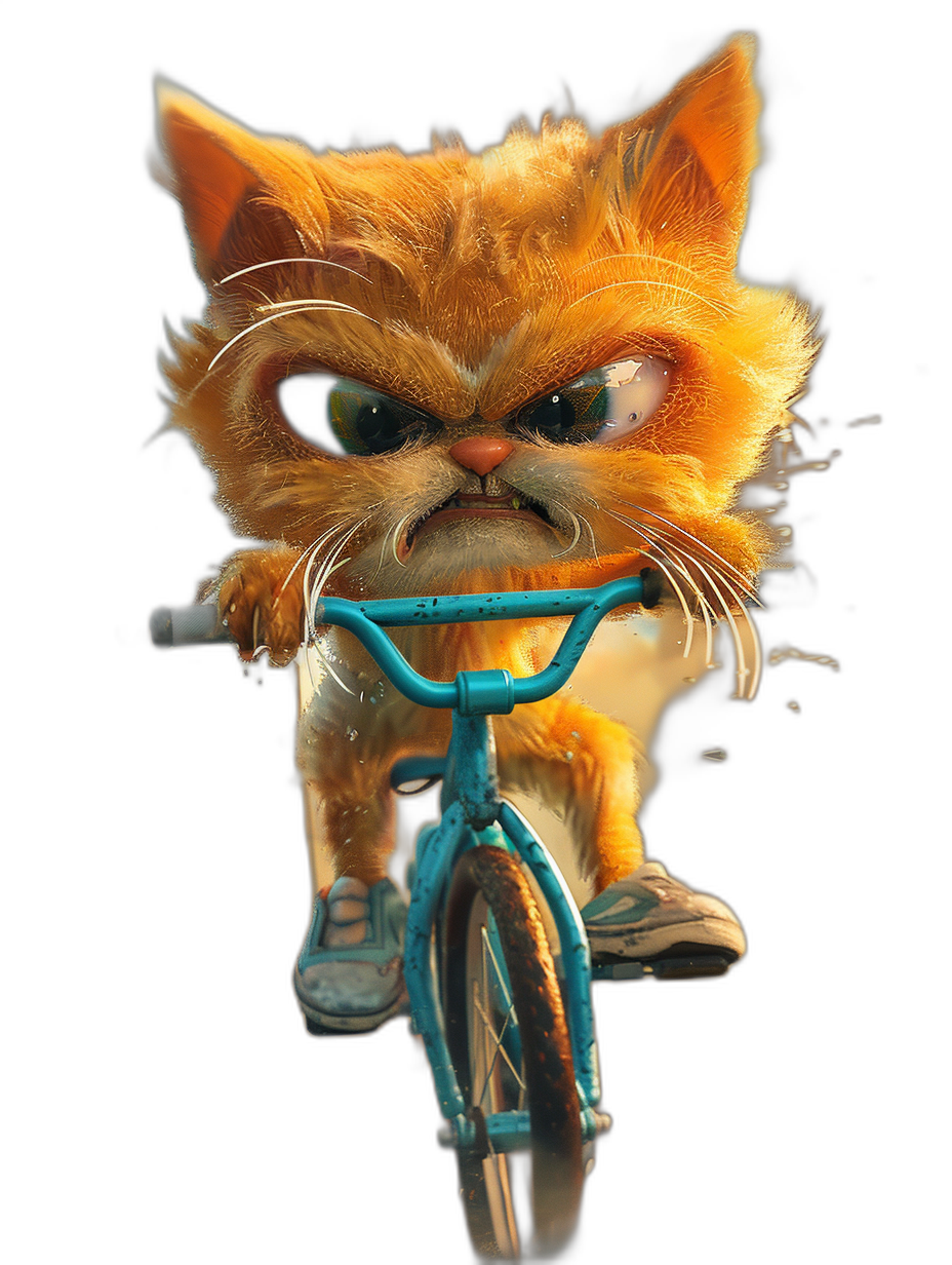 character design of an angry orange cat riding a blue bicycle, black background, 3d render in the style of Pixar with matte painting style