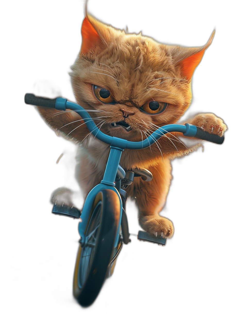 3D render of a cute ginger cat riding a blue bicycle in the style of angry face against a black background with studio lighting and rim lighting.