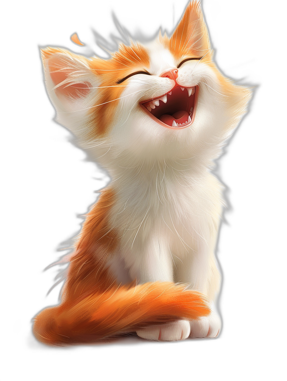 A cute happy smiling orange and white kitten with big teeth on a black background, in the Disney Pixar style character design in the style of [Artgerm](https://goo.gl/search?artist%20Artgerm), digital painting, full body, high resolution, hyper detailed, hyper realistic.