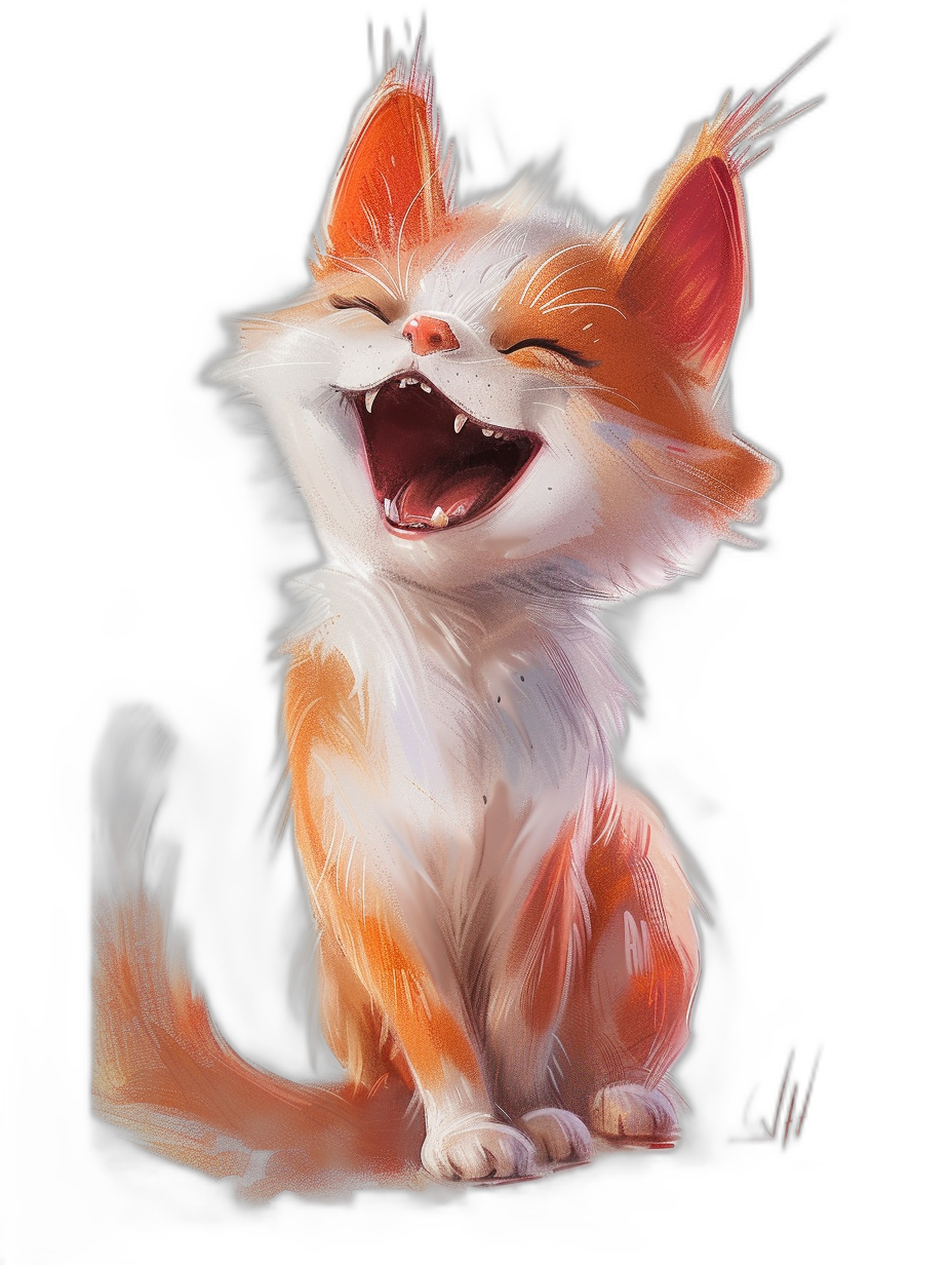 A cute little orange and white cat laughing in the style of Disney, black background, concept art in the style of Pixar studio, pastel drawing, digital painting, high resolution