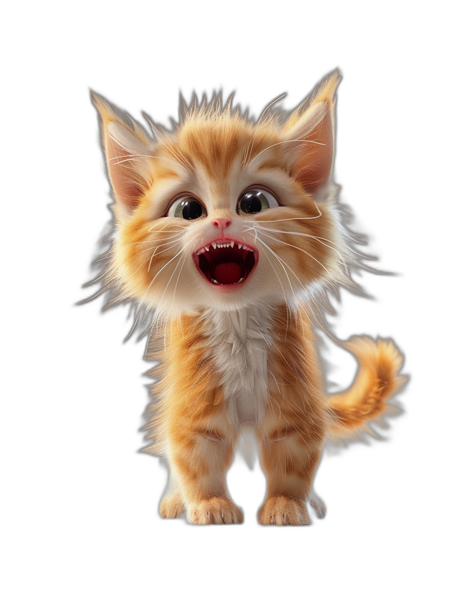 3D render of a happy, smiling, cute ginger kitten isolated on a black background, in the style of Pixar, with octane rendering and hyper detailed.