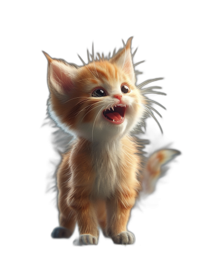 3D render of a cute kitten, happy and smiling with its mouth open, on a black background, in the style of Pixar, with octane rendering, high resolution photography, hyper realistic, studio lighting, sharp focus, 8K resolution