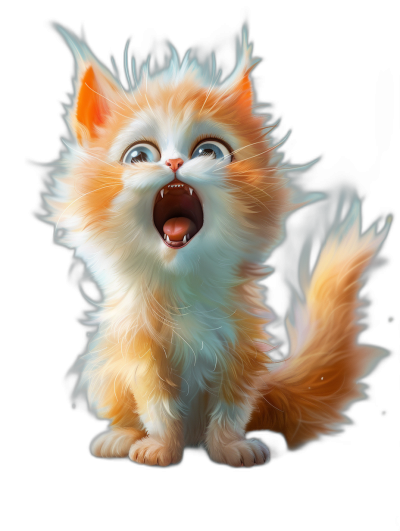 A cute happy orange and white kitten howling, caricature in the style of digital painting, full body shot on a black background, cute pet illustration in the style of Pixar's art style, expressive cartoonish design with an expressive character and eyes, white glowing fur on his tail.