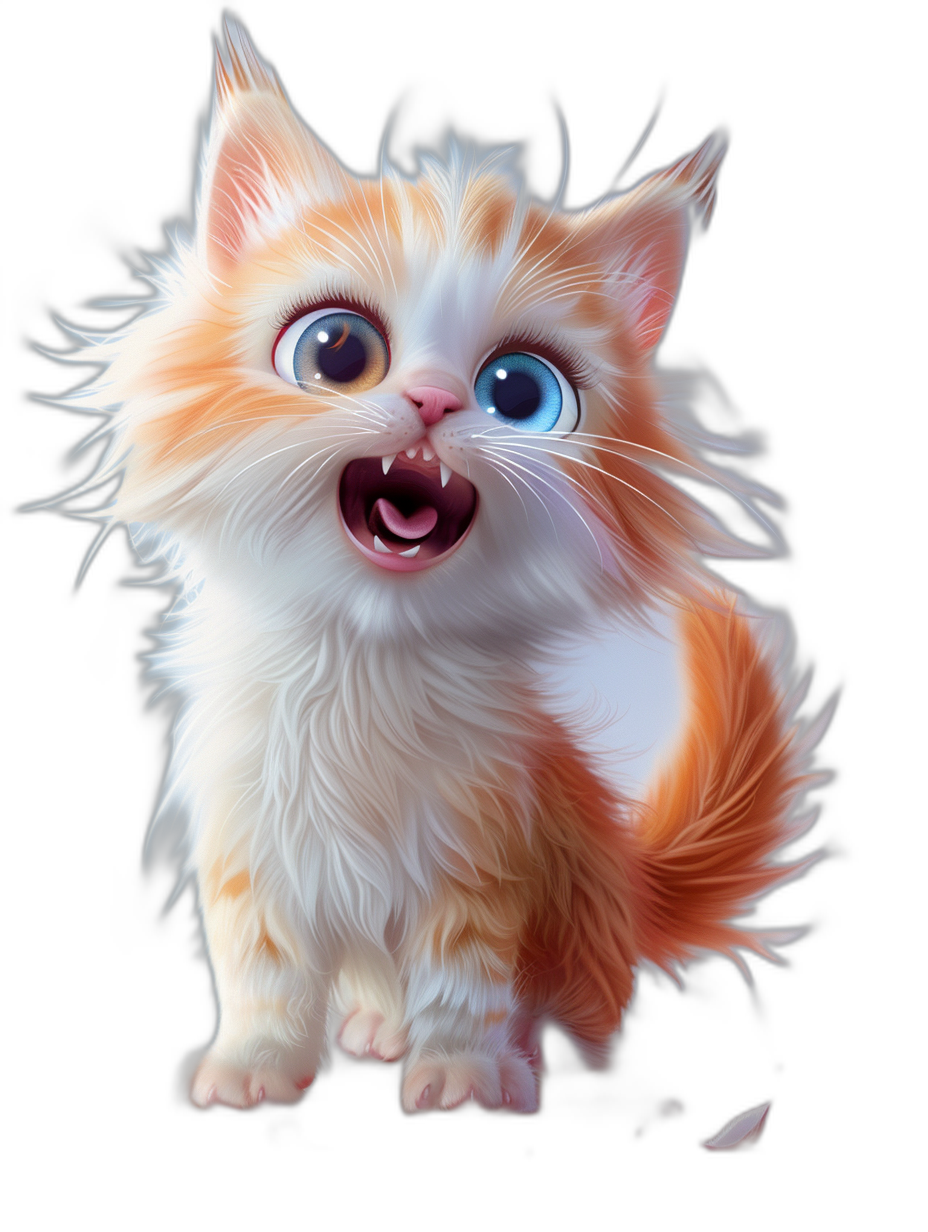 A cute orange and white kitten with big eyes, open mouth, smiling expression, on a black background, in the style of Pixar, in the style of Disney, digital art, digital painting, front view, full body shot, high definition