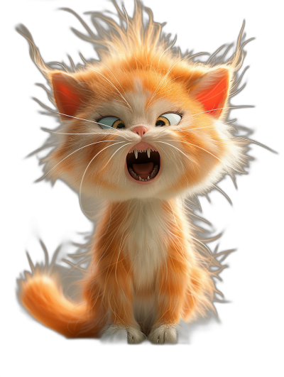 3D render of an angry cute ginger kitten with wild hair, in the cartoon style, in the style of Disney Pixar, isolated on a black background