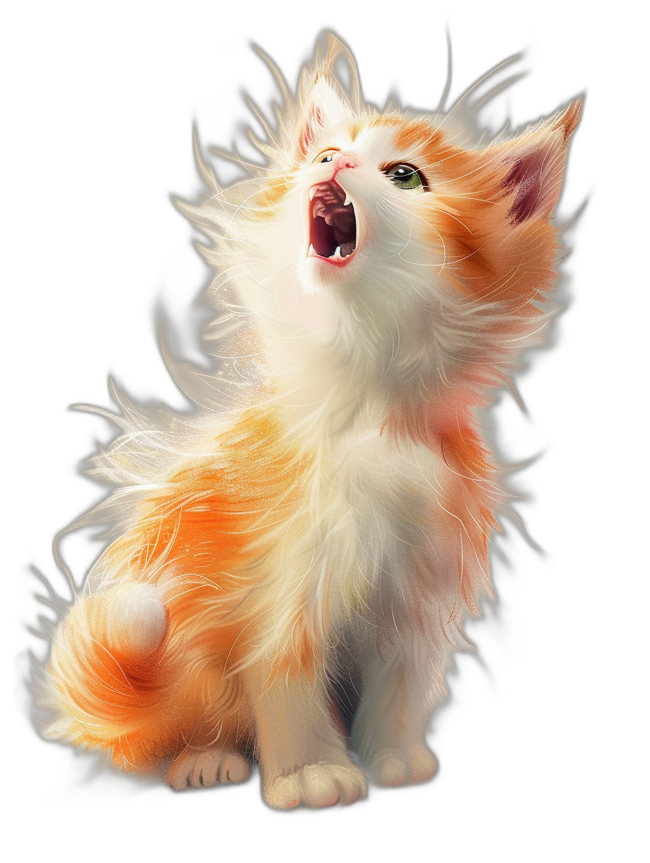 A cute orange and white kitten howling against a black background in the style of fantasy art, with hyper realistic details.