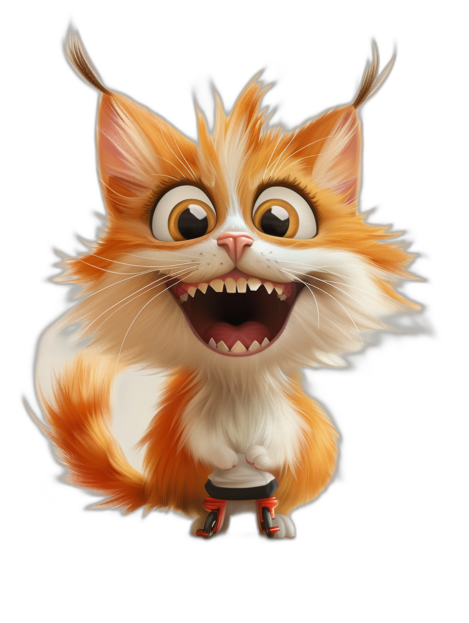 A cute smiling orange and white cat with big eyes, long hair blowing in the wind, wearing tiny red shoes, in the style of [Tiago Hoisel](https://goo.gl/search?artist%20Tiago%20Hoisel), caricature-like, playful caricatures and Disney style cartoon character designs.