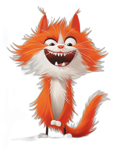 A cute orange and white cat with long hair, smiling and laughing with sharp teeth, full body, character design in the style of Pixar Disney animation on a black background.