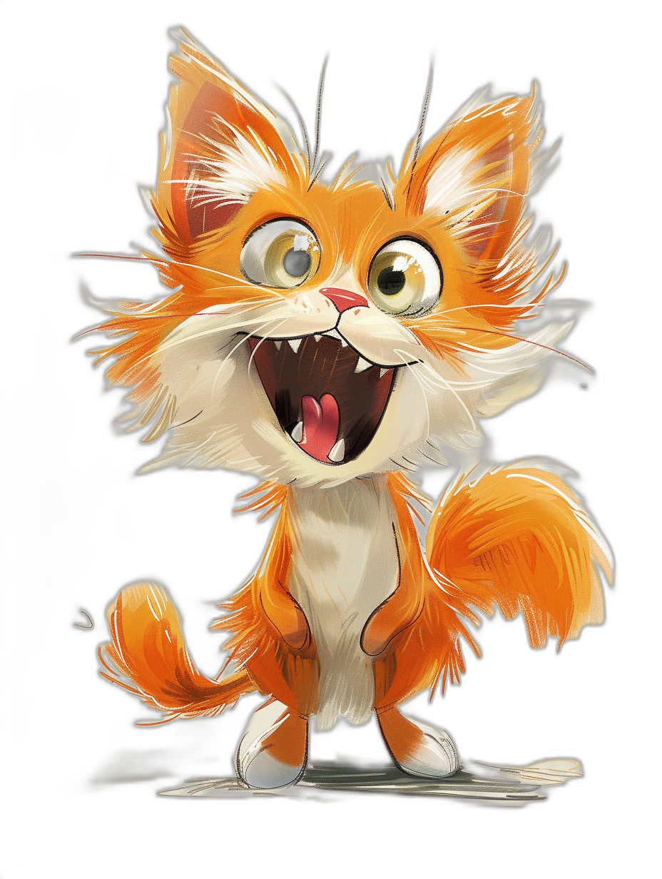 A cute cartoon cat with white and orange fur is laughing heartily while showing its teeth in the style of Pixar on a black background. The artwork was done using digital painting techniques, giving it an ultra-detailed quality that emphasizes the cuteness of the character’s expression.