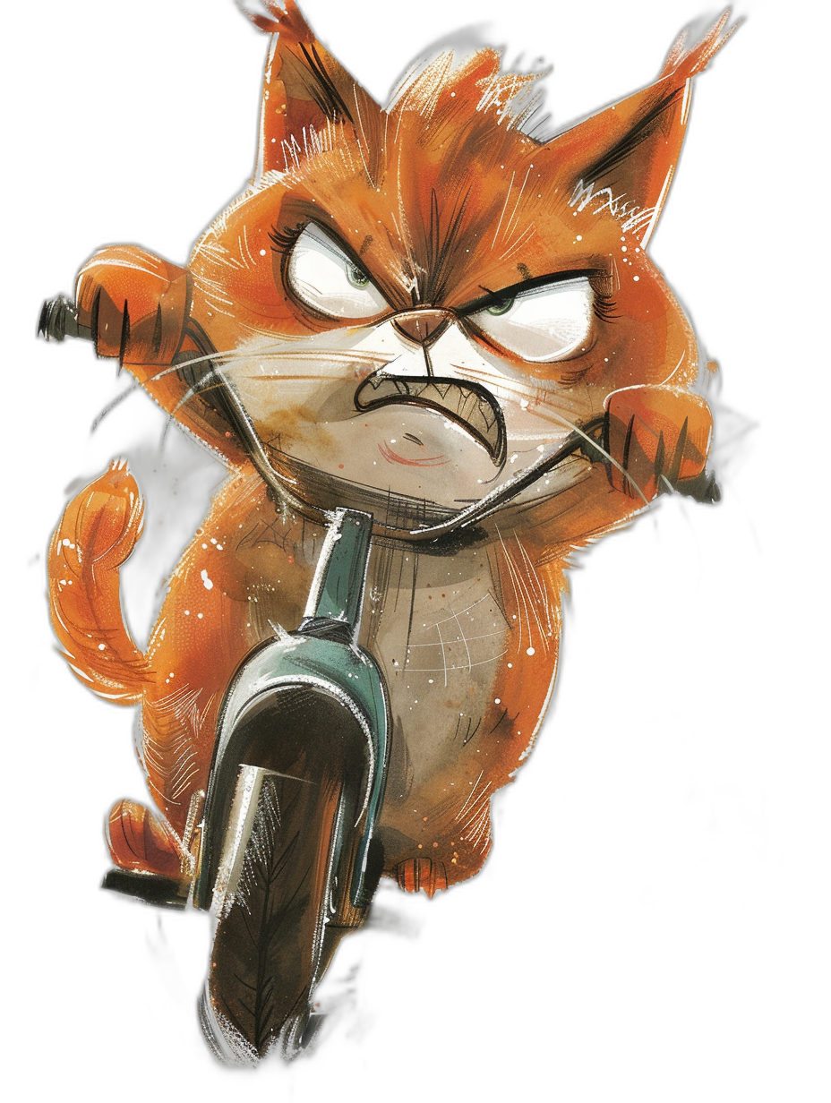 Grumpy orange cat riding scooter, angry face, in the style of [Akira Toriyama](https://goo.gl/search?artist%20Akira%20Toriyama) and in the style of [Jean Giraud](https://goo.gl/search?artist%20Jean%20Giraud) [Moebius](https://goo.gl/search?artist%20Moebius) on black background, design for tshirt, 2d, vector art, detailed concept art, high resolution, high contrast, high detail, sharp focus, cinematic lighting, wide angle, illustration, digital painting, full body portrait, intricate details, perfect composition, sharp lines, smooth colors, dynamic pose