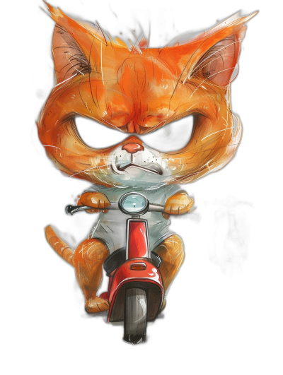 A cute orange cat with an angry expression riding on a red scooter against a black background. It is drawn in the style of anime, with sharp eyes and clear details. The cartoon character has a simple design that highlights its cuteness. The illustration of the head was created using digital painting techniques.