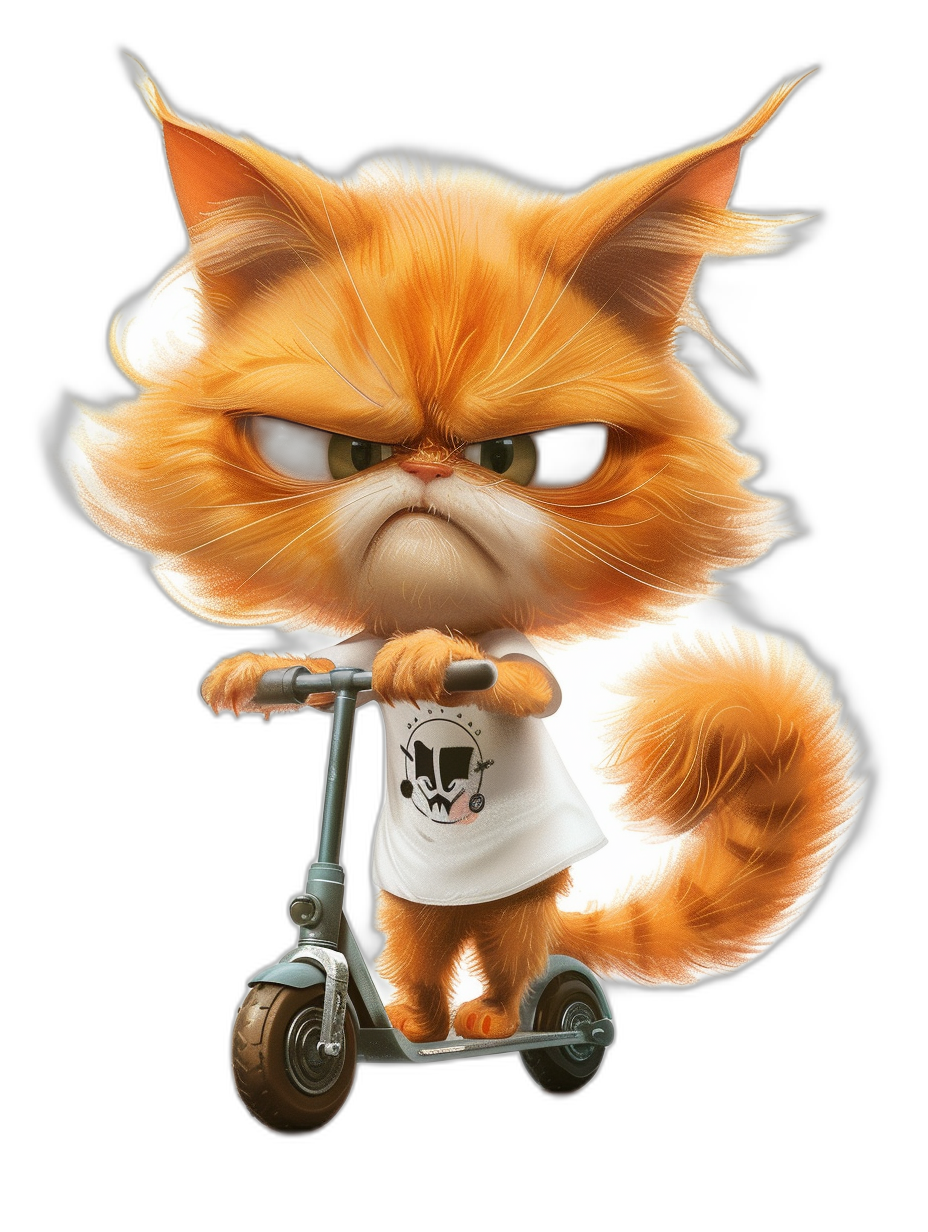 grumpy orange cat wearing a white t-shirt with a black logo, riding a scooter, full body, black background, in the style of chibi character design, high resolution