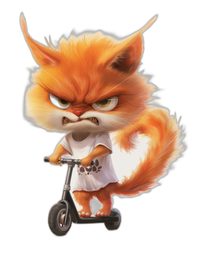 Grumpy orange cat wearing a white t-shirt riding a scooter, vector illustration for a children's book on a black background, full body shot, in the style of Disney, high resolution character design, high quality digital art, sharp focus portrait with depth of field, cute and adorable.